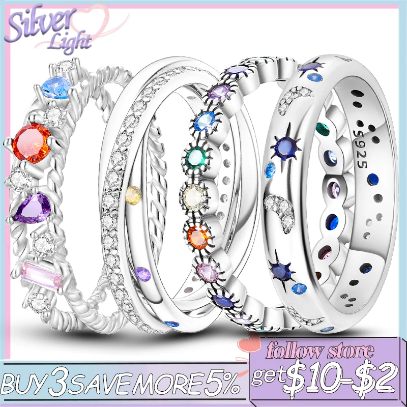 Hot Sale Original 925 Sterling Silver Woman Ring Galaxy Blue Zircon Star Moon Wedding Stacking Ring Jewelry Gift For Women