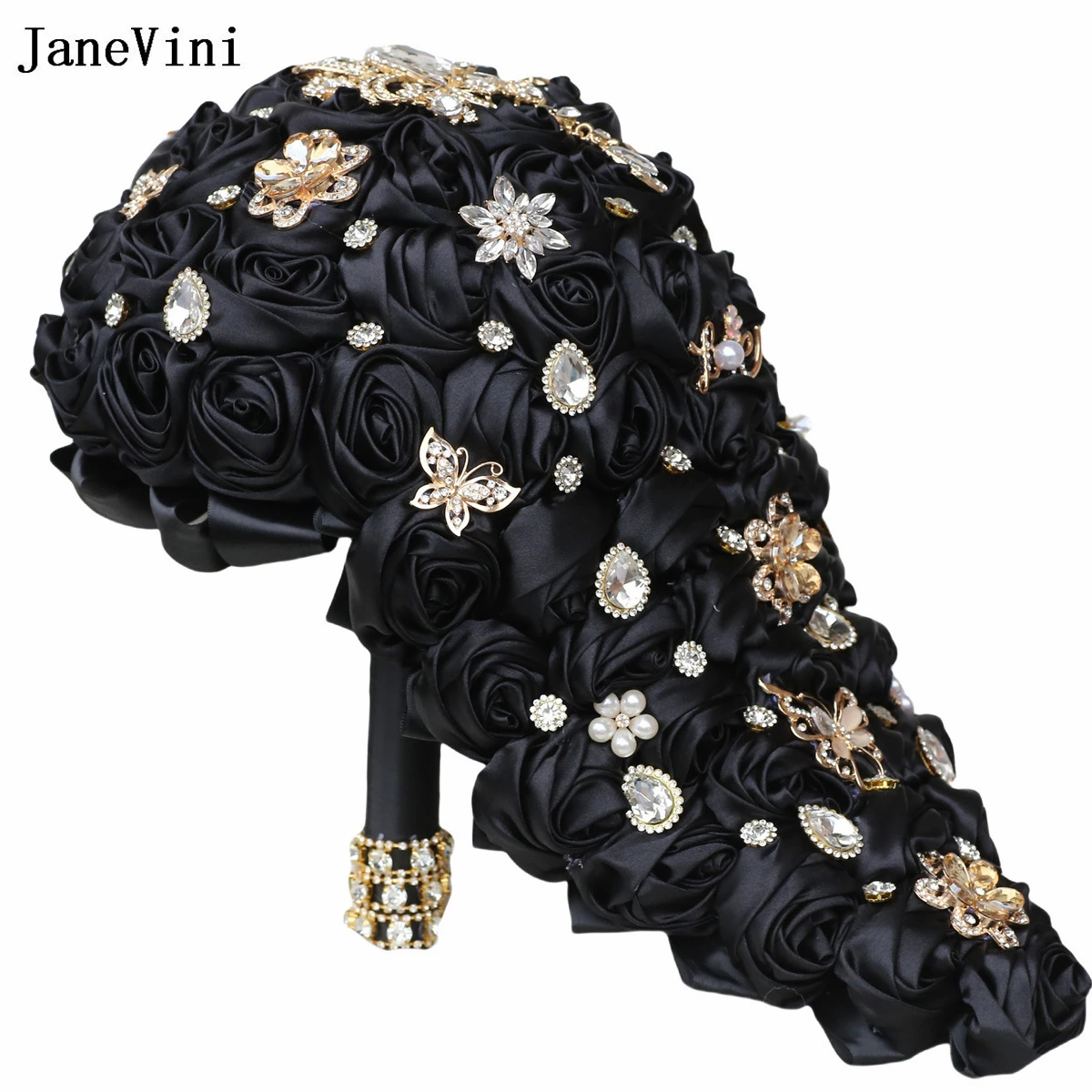 JaneVini Luxury Golden Diamond Waterfall Bridal Bouquets Black Cascading Flowers Ribbon Roses Bride Bouquet Wedding Accessories