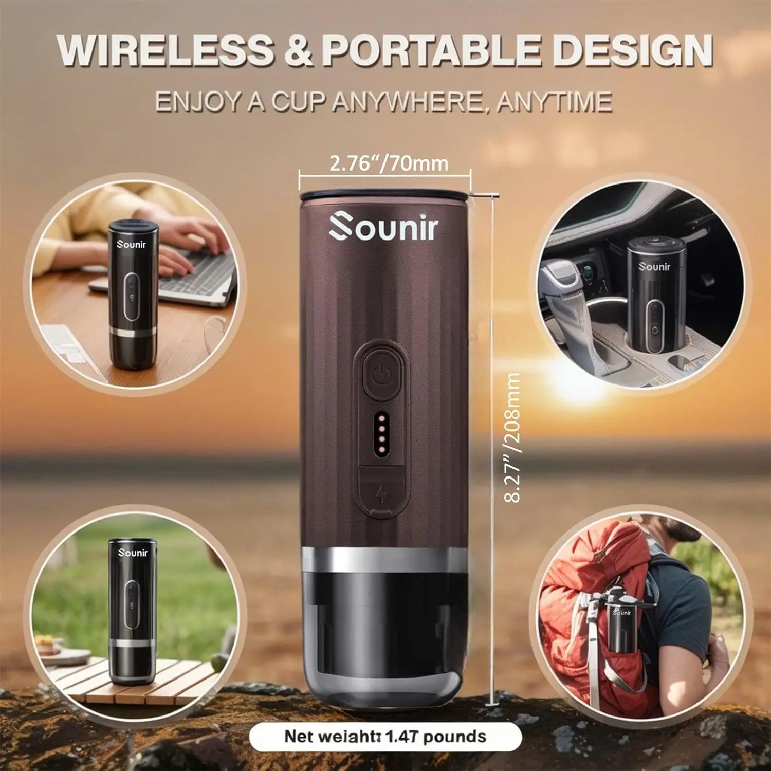 ماكينة اسبريسو محمولة، ماكينة صنع القهوة للتخييم للسفر، في الهواء الطلق، المكتب، تسخين البطارية، القهوة المطحونة، للسفر، Outd