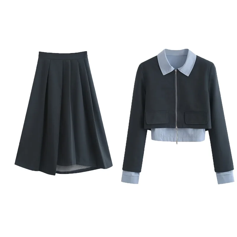 

Korean Version Suit Set 2023 New Autumn Women's Contrasting Zipper Lapel Shirt Short Jacket Pleated Skirt 3ps Commute Suits