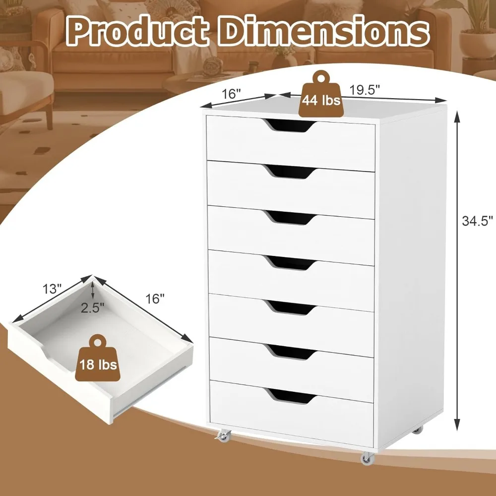 خزانة ملفات متنقلة مع 7 أدراج - منظم جانبي على عجلات لحلول تخزين المكاتب المنزلية
