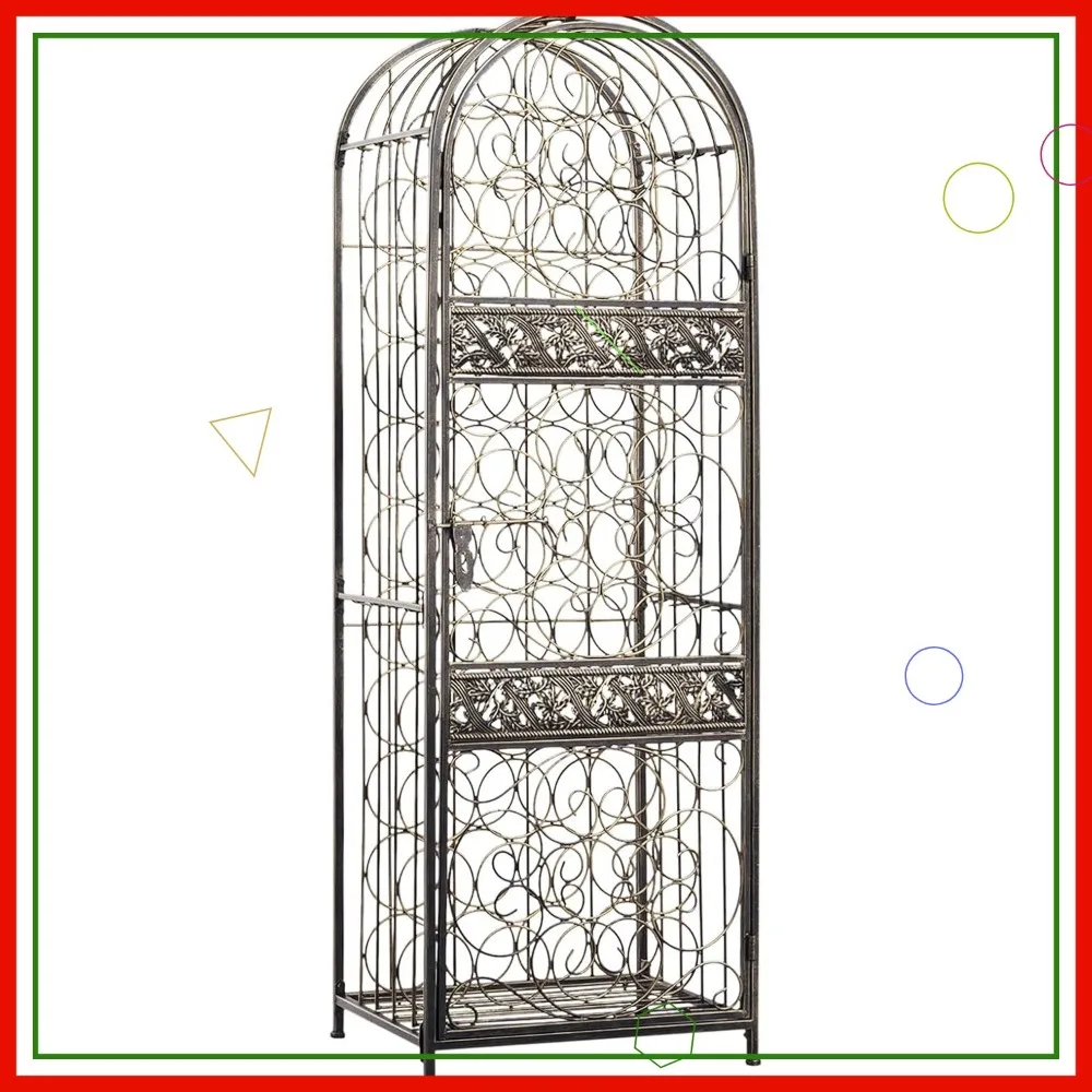 

Antique Bronze Iron Wine Rack with Lock, Holds 45 Bottles for Kitchen or Bar Storage