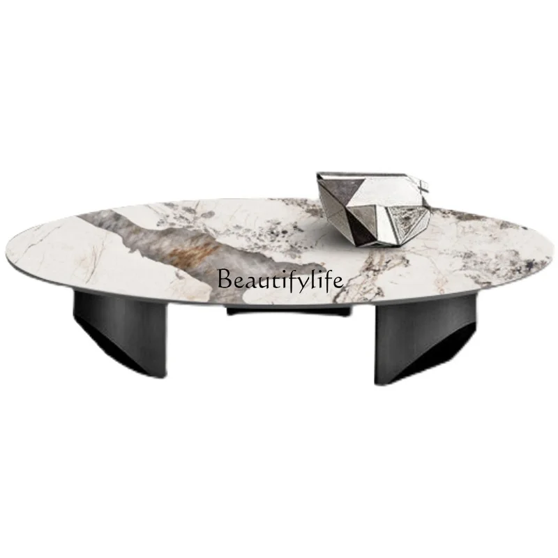 

*Italian light luxury bright rock slab stainless steel household marble round coffee table