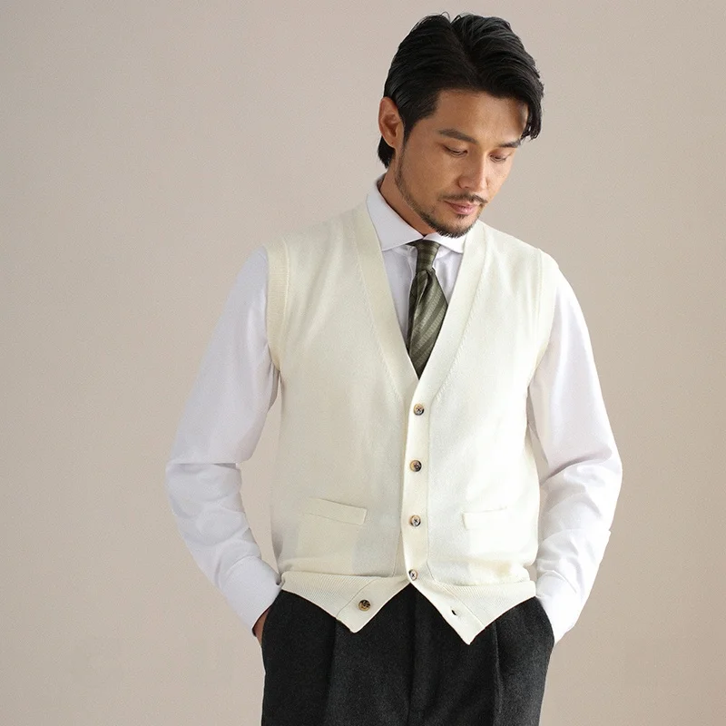 

Cultum100 Merino Wool Gentleman Vintage Men's Knitted Vest Business Casual V-neck Open Cardigan Slim Fit Youth Autumn Wear