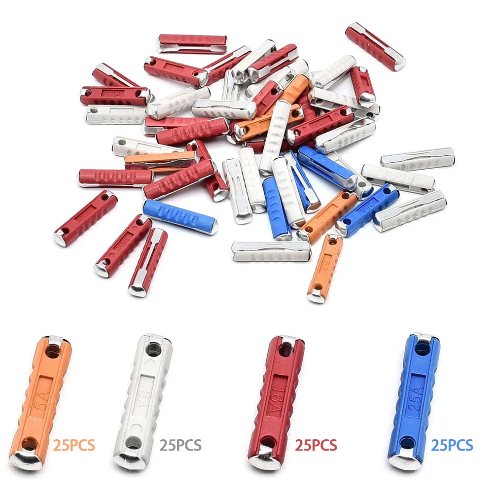 

Набор из 4 типов предохранителей, 100 шт., европейские предохранители в ассортименте пулевидного типа, для классических автомобилей, старый стиль 5A 8A 16A 25A