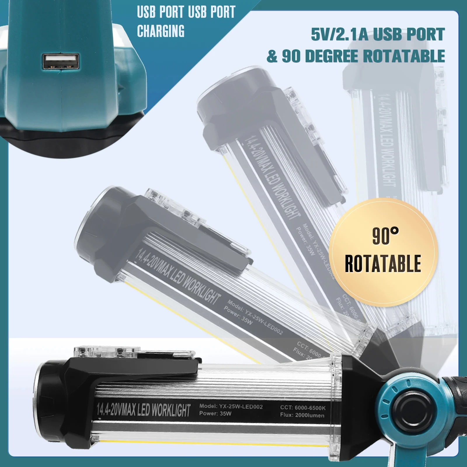 ไฟ LED ทำงาน2000LM 35วัตต์สำหรับ Makita 18โวลต์แบตเตอรี่ Li-ion ไฟดาวน์ไลท์14.4-20โวลต์สูงสุดพร้อมไฟฉุกเฉินอินเทอร์เฟซ USB