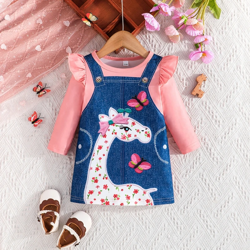 

Autumn Winter Baby Girls Dress Childish Cartoon Giraffe Print Long Sleeve Dress Infant Toddler Fashion Cute Casual Outing Dress