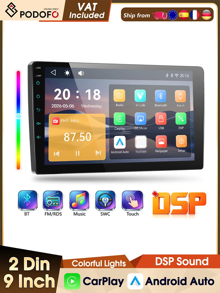Podofo 2Din Bezprzewodowe Radio Samochodowe CarPlay 9" MP5 Odtwarzacz Multimedialny Bluetooth FM RDS Android Auto Ekran IPS Inteligentne Systemy Samochodowe — 2