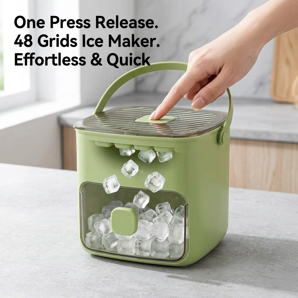 Ice Cube Tray with Lid and Bin, 48 Pcs Easy Release Press-Type Ice Maker Mold with Handle and Tongs, 2-Layer Portable Ice Storage Container for Freezer, Chilled Whiskey, Juice, Cocktail, Green
