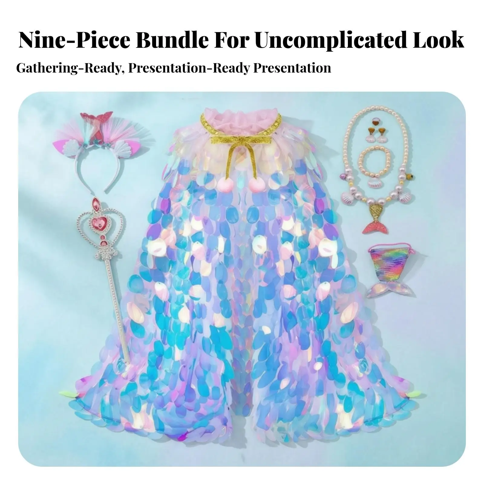 Enchanting Mermaid Cape for Girls Sequin Cape Costume Set with Headband Glitter Wand Jewelry Pouch Lightweight Chiffon Fancy