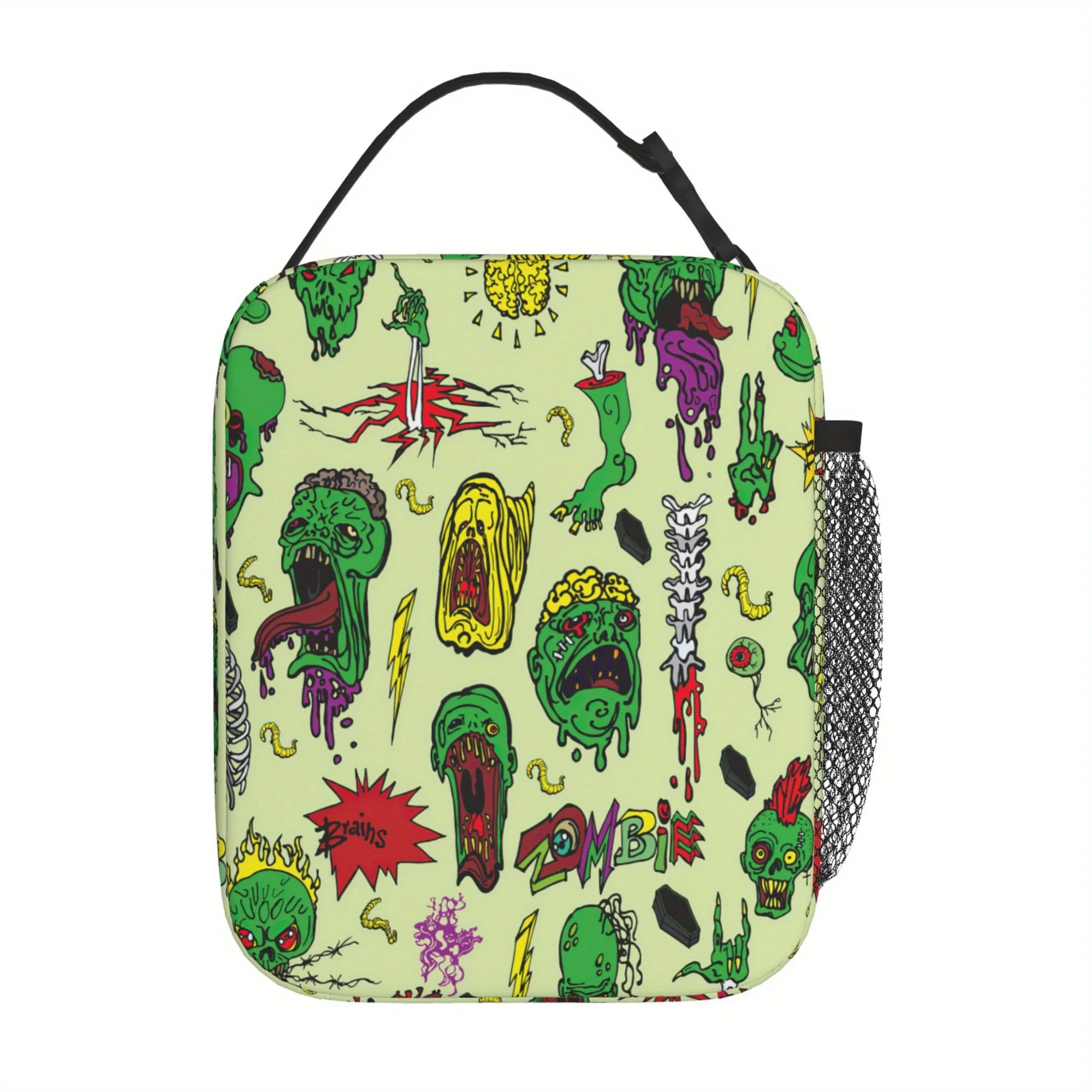 

Insulated Zombie Lunch Bag - Reusable, Cartoon-Themed Cool Tote for Travel, Picnic, Office, and Work, Black with Colorful Franke