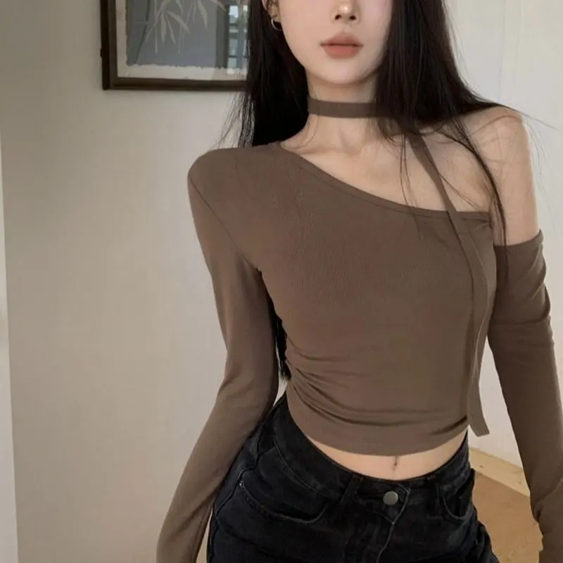 Irregular Skew Collar Slim T-shirts Female Clothing Solid Color Basic Spring Autumn Long Sleeve Stylish Off Shoulder Pullovers