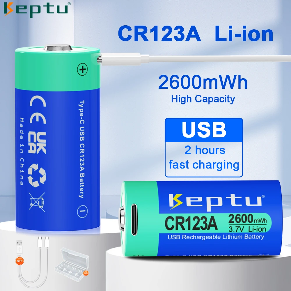 

KEPTU CR123A Battery 2600mWh 3.7V Rechargeable Li-ion 16340 Batteries For LED Flashlight 16350 RCR123 Battery+USB Type-C Cable