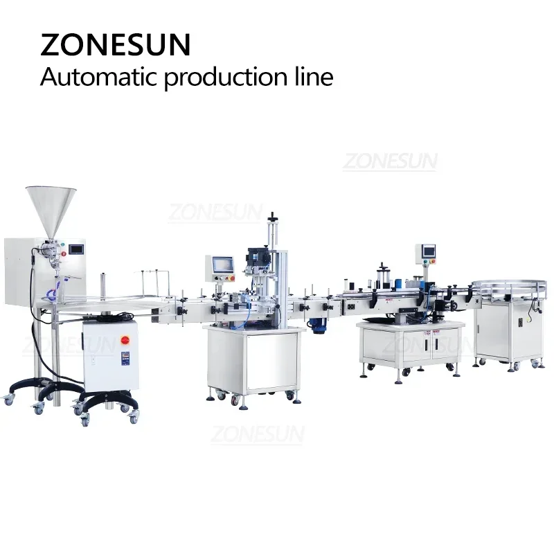 ZONESUN معجون ملء المسمار السد آلة وضع العلامات على الزجاجات المستديرة مع خط إنتاج الطعام لصلصة الفلفل الحار وكريم العسل