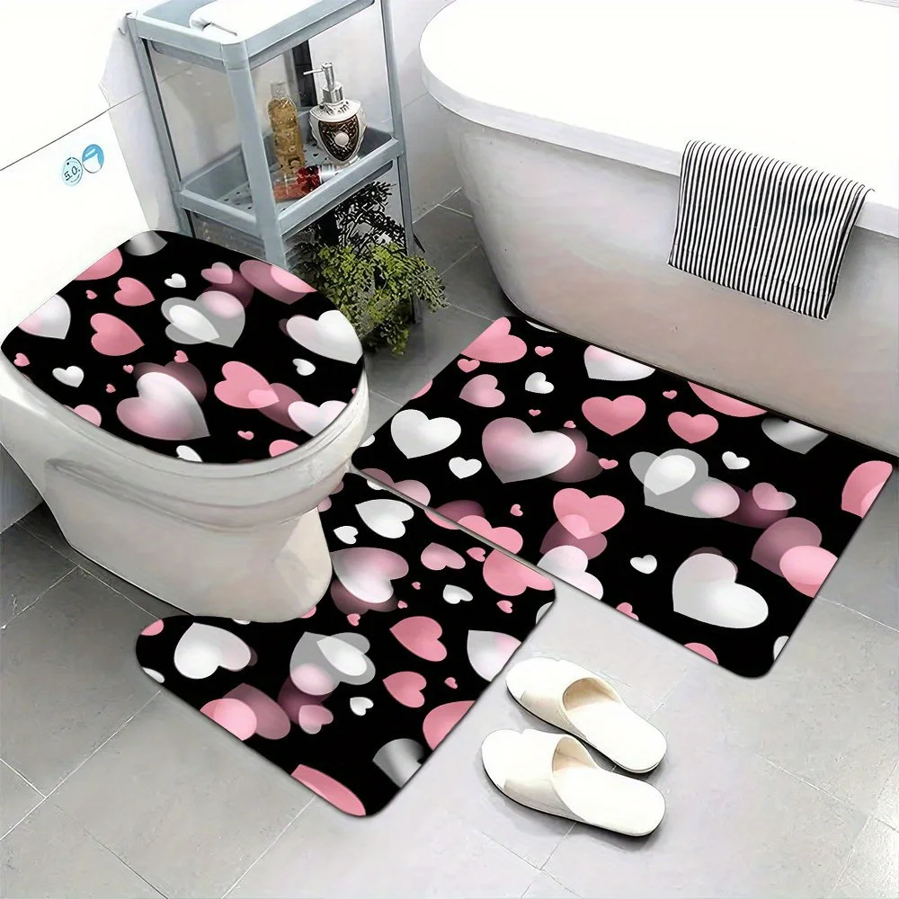 

3pcs Valentine's Day heart-shaped bathroom mat set - made of high-quality flannel fabric, soft, comfortable and washable, perfec
