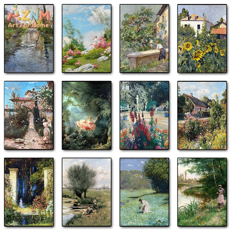 AZNM Vintage Impressionist Landscape Canvas Wall Art Garden River Sunflower Classical Oil Painting Print Unframed Canvas Paintin