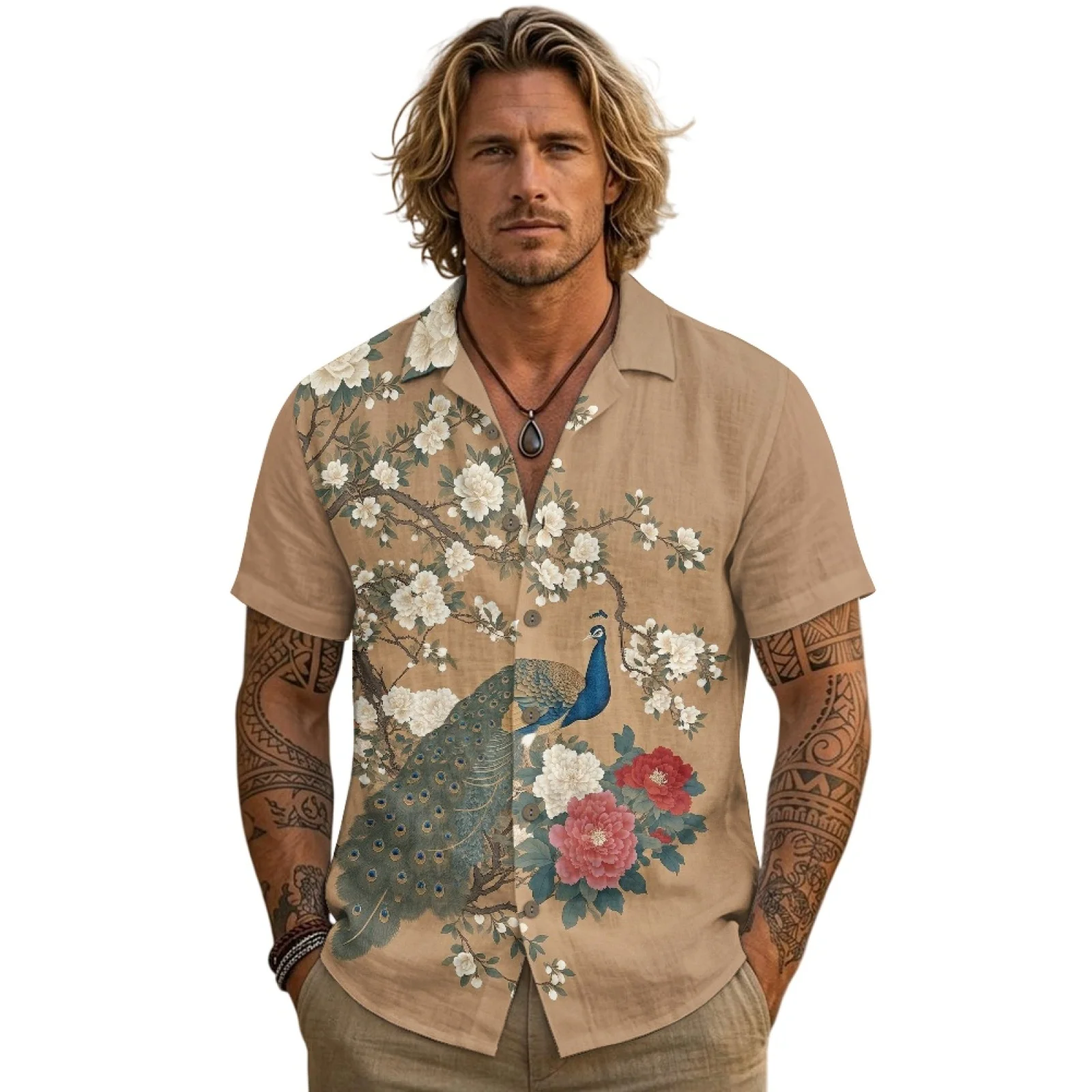 PENSTROLL Peacock Floral Print Linen Style Hawaiian T Shirts for Men Short Sleeve Beach Tops for Youth Button Down Button Up Top