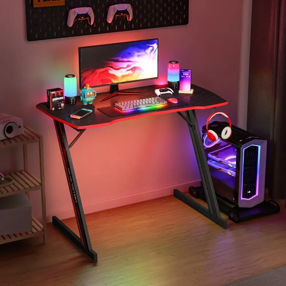 Z-Shaped Modern Computer Desk, Headphone gancho, Workstation resistente, mesa com desktop espaçoso, Home Office, 39"