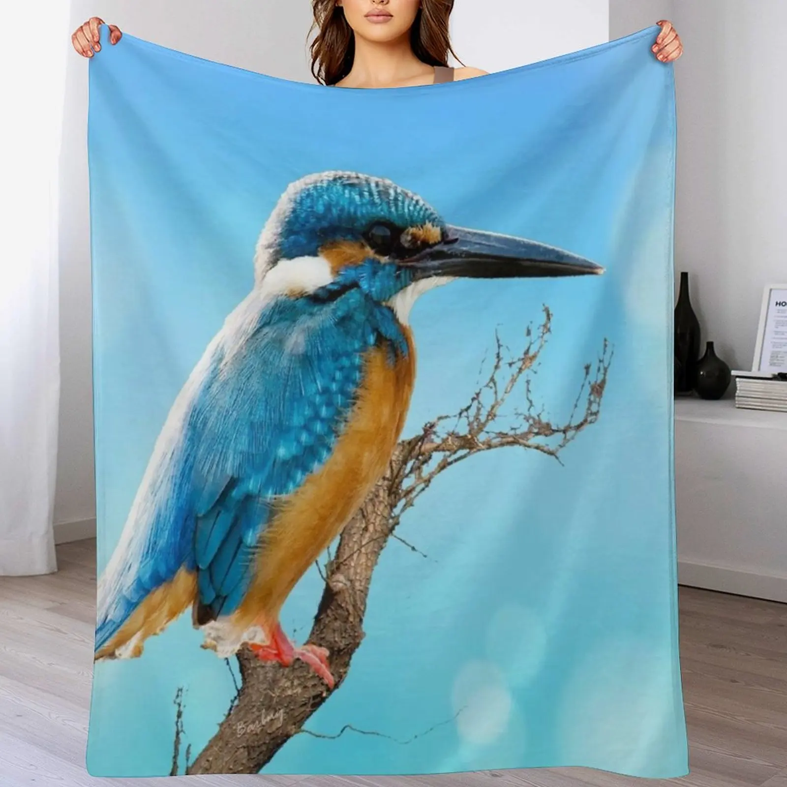 

The Kingfisher patiently waits Throw Blanket Soft sofa bed Flannel Fabric Hair Blankets