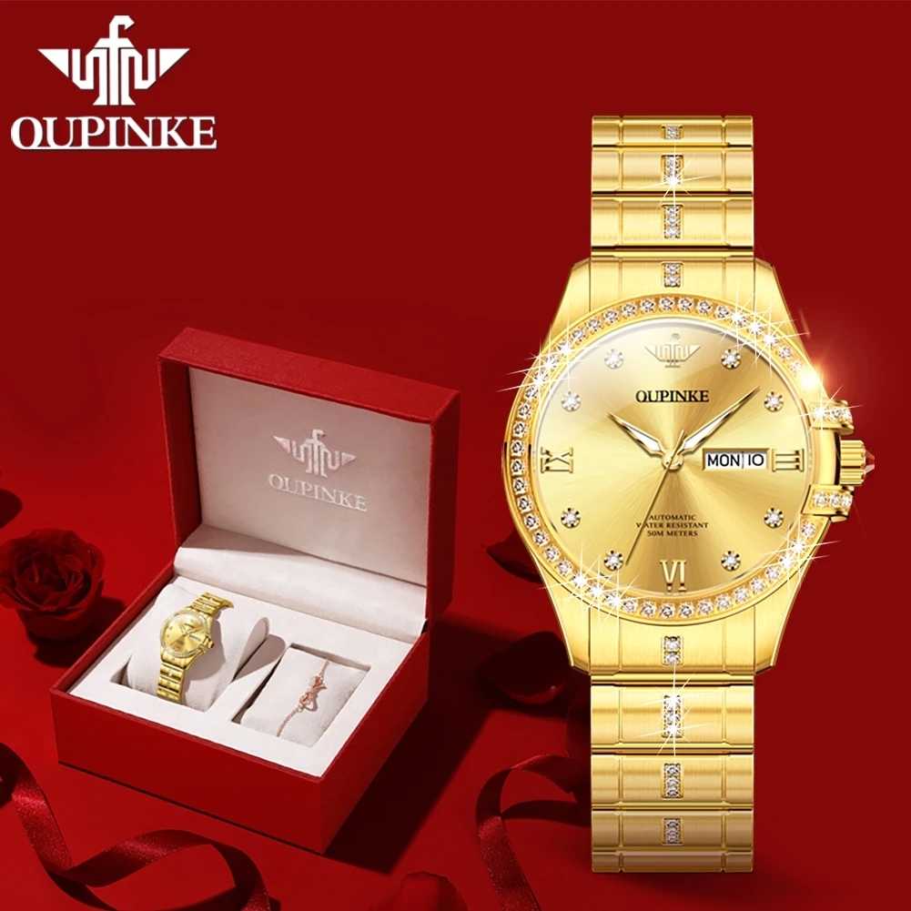 OUPINKE-Conjunto de caja de regalo romántico para hombre y mujer, relojes de lujo originales, movimiento importado, reloj de pulsera superior, marca impermeable