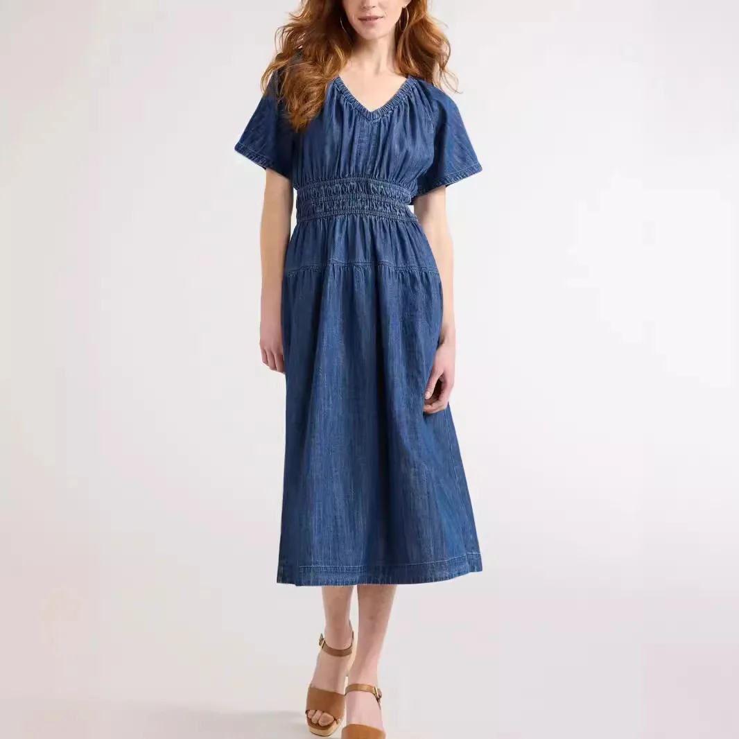 

Knee Length Dress Solid Folds Dresses Women Short Sleeve V Neck 2025 Casual Loose Fit Summer Spliced Slight Strech Vintage