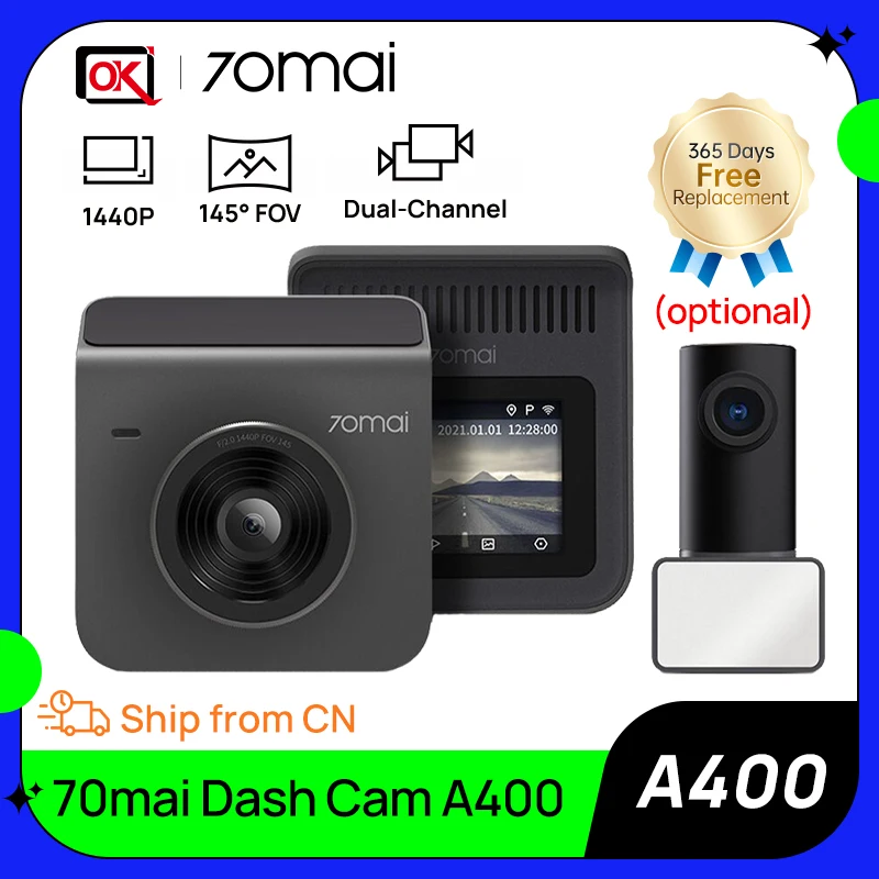 70mai A400 1440P Quad HD + 145° Field of View dual-channel recording for 24 hours parking mode Enhanced Night Vision Car DVR