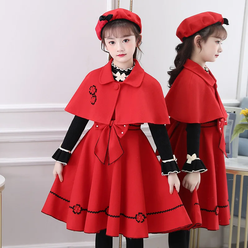 

2022 spring new girls' woolen dress set fashion spring and autumn bow vest princess skirt two piece set