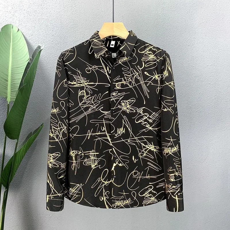 جديد الخريف الكورية نمط الأزياء ملابس منقوشة بكم طويل الرجال عارضة قميص زر على الموضة الربط تنوعا أعلى #2
