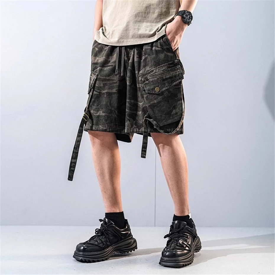 Summer Thin Camouflage Cargo Shorts Mens Streetwear Hip Hop Punk Casual Short Baggy Large Pockets Function Knee Length Pant Male