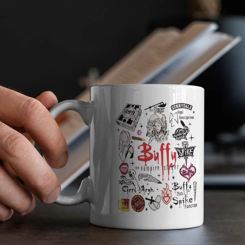 Buffy the Vampire Slayer 11oz Ceramic Mug - White with Iconic Hearts & Flames Design, Double-Sided Buffyverse Art (Spike, Angel,
