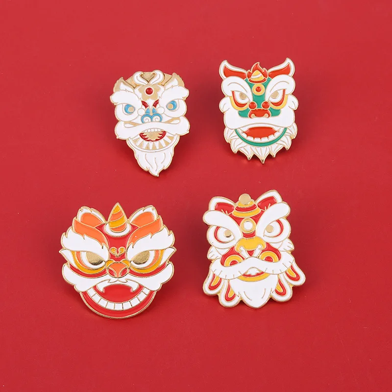 Chinese Style Enamel Pins Custom Traditional Folk Art Lion Dance Animal Brooch Bag Lapel Badge Cute Pin Jewelry Gift for Friends