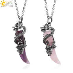 Vintage Man Crystal Necklace Dragon Natural Stone Pink Quartz Obsidian Amethyst Pendant Stainless Steel Necklaces Amulet H181