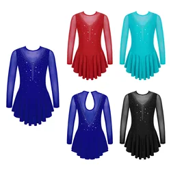 Girls Rhinestone Figure Skating Dress See-through Ballet Leotards Dresses Mesh Patchwork Style Hollow Out Performance Dancewear