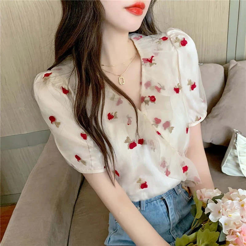 MEXZT Vintage Blouses Women Sweet Elegant Floral Bandage Shirts Korean Office Lady Print Puff Short Sleeve Loose Casual Tops