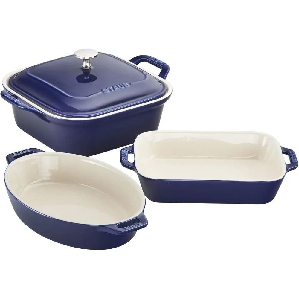 

4-Piece Baking Set: Casserole Pot with Lid, Brownie Pan, and Blue Casserole Dish