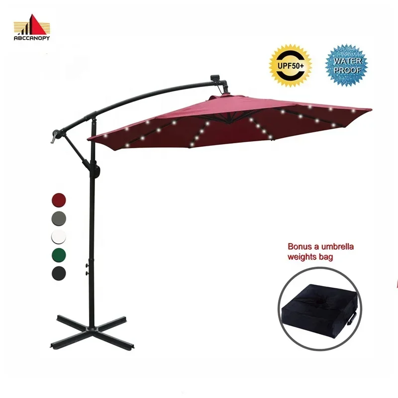 

10 FT Solar Powered LED Patio Outdoor Umbrella Hanging Umbrella Offset Umbrella Easy Open Lift 360 Degree Rotation