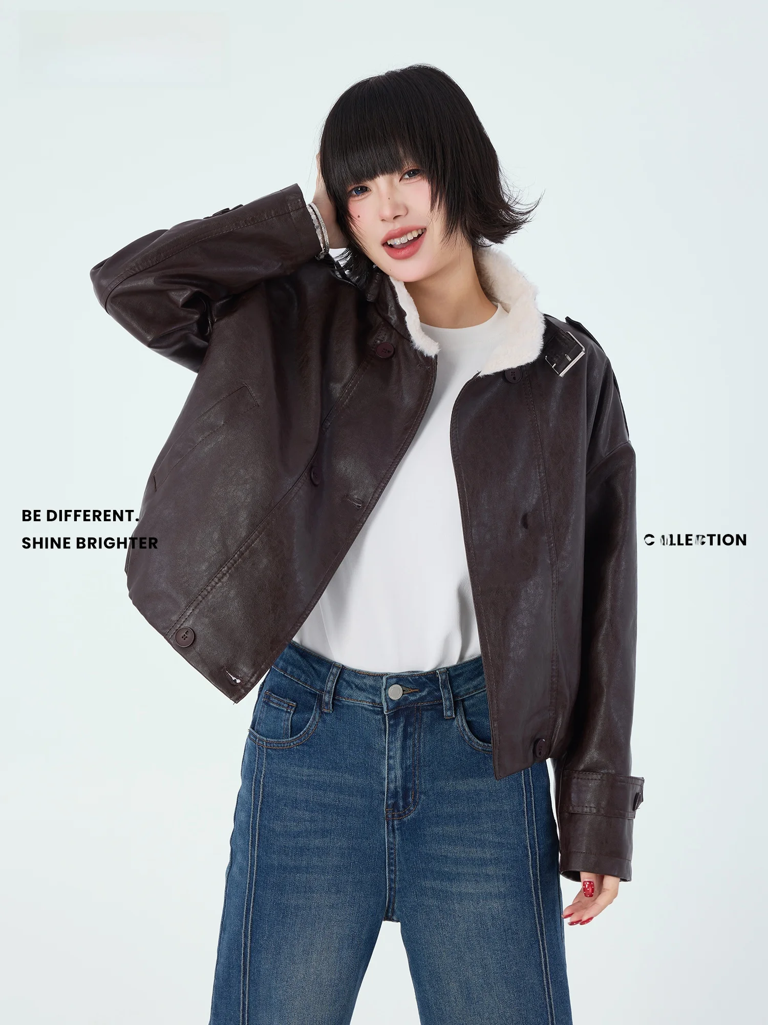 

Didimax Spring New Stand Collar Brown PU Leather Jaet Inner Furry ort Jaet Top Street Sle Women's Faion