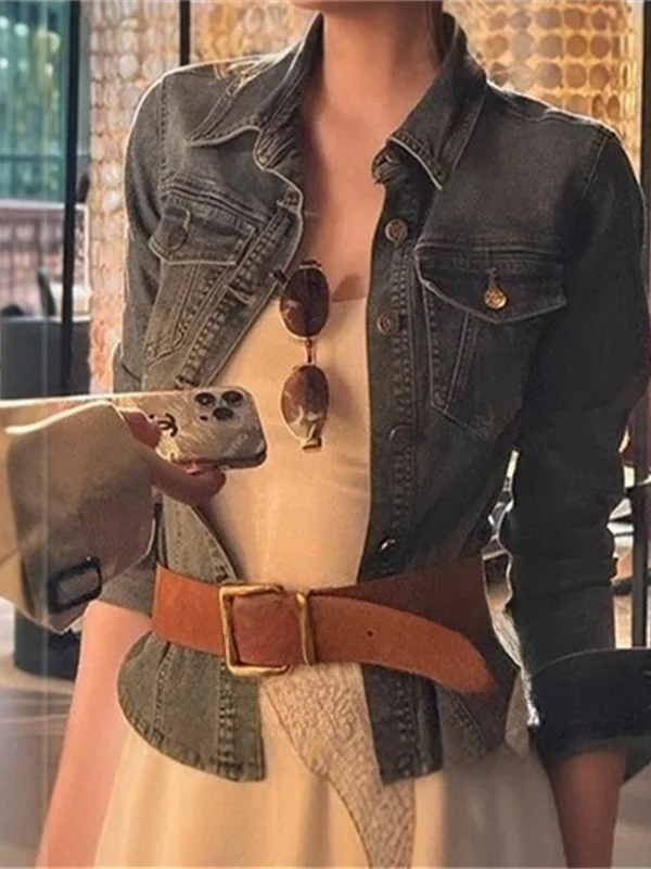 

Blue Collar Slim Fit Women's Denim Shirt Waist Cinching Outerwear Top Korean Style Commute Fashion Casual Long Sleeve