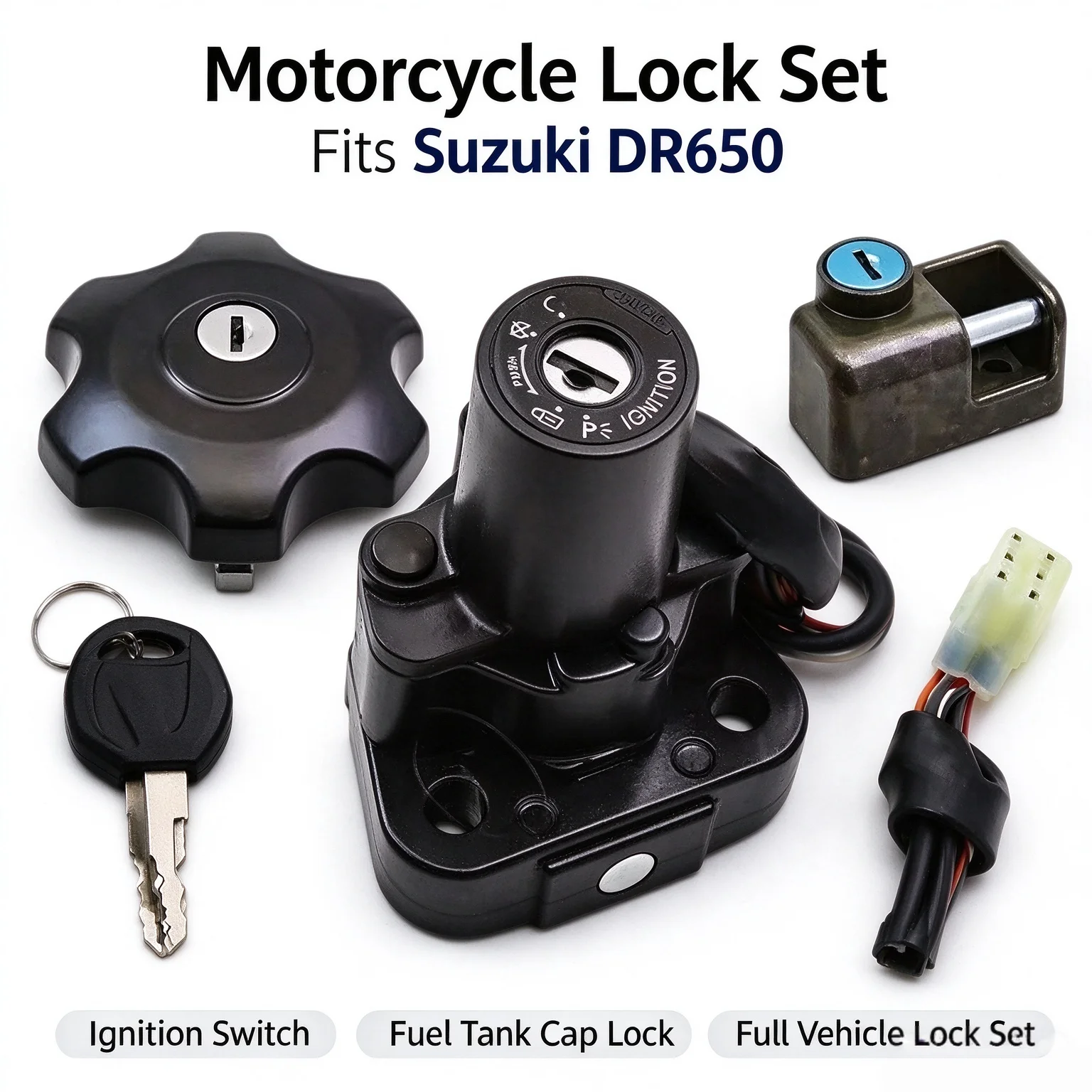 Compatible with Suzuki DR650: Electric Door Lock, Fuel Tank Cap Lock, Full Vehicle Lock, and Cover Lock.