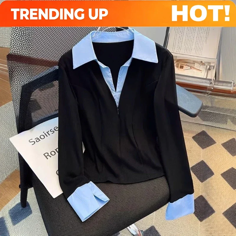 Customization Long Sleeve Temperament Contrast Patchwork Blouse Spring Autumn New Polo Neck Office Shirt Tops Elegant Fashion