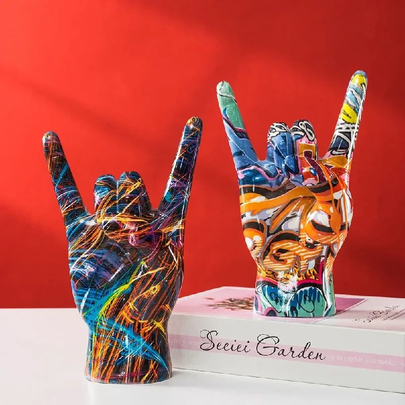 Rock On Hand Statue  Modern Pop Art Hand Painted Resin Sculpture Home Decor Gift