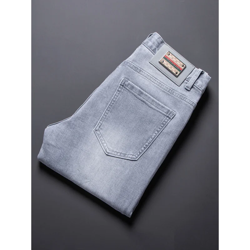 

High end trendy men's jeans 2025 summer thin stretch denim fashionable slim fit small foot gray pants