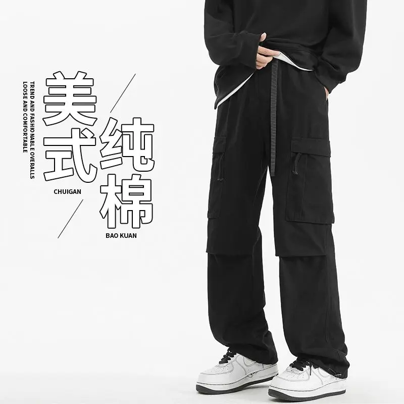 سراويل عمل من القطن الخالص للفصول الأربعة، سراويل High Street الأمريكية، سراويل رياضية وترفيهية فضفاضة متعددة الجيوب #3