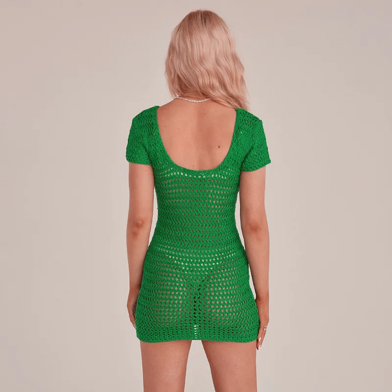 

European And American Summer New Dress For Women Solid Color Sexy Lace Water-Soluble Beach Bikini Swimsuit Cover-Up Sun