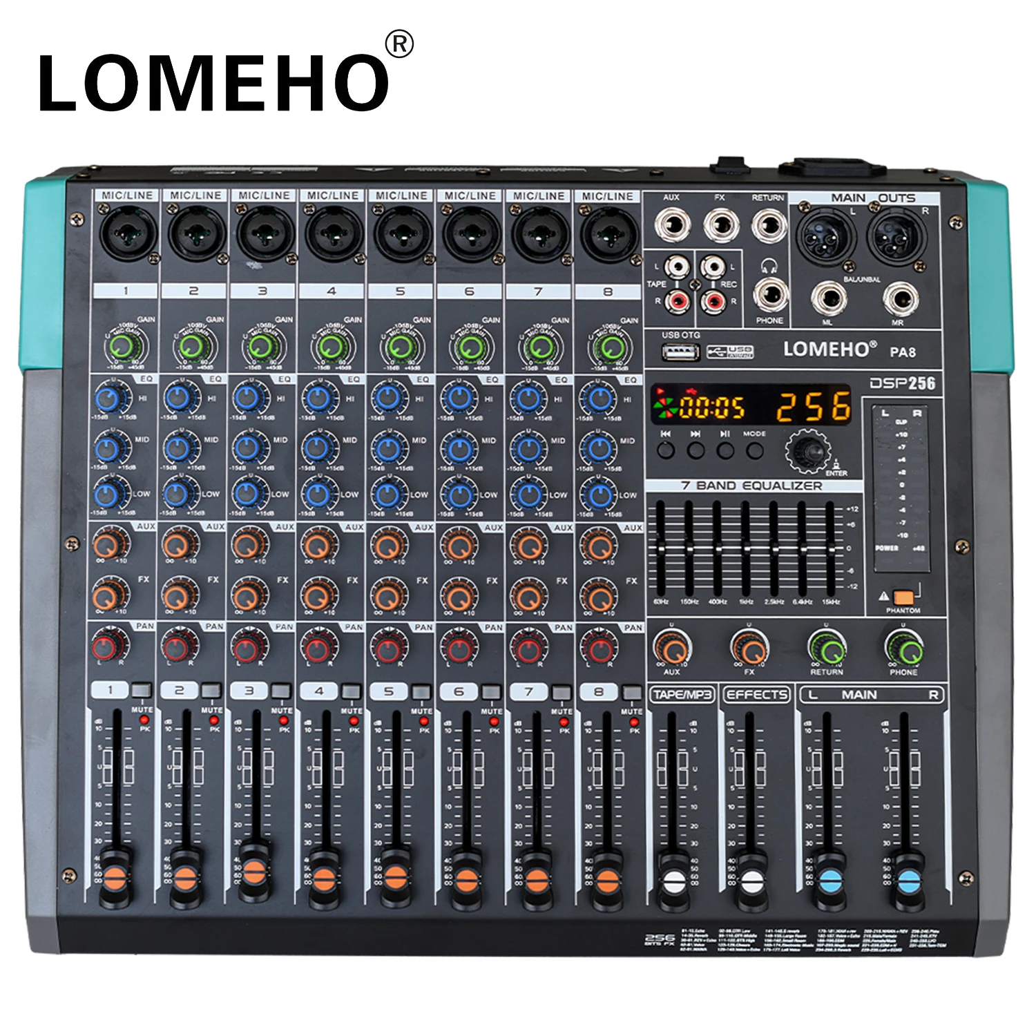 Lomeho 8 Mono Channels Sound Mixer 256 DSP Effects Bluetooth Mixing Console 7 Band EQ 48V 8 Way USB Aux Audio Table for Show PA8