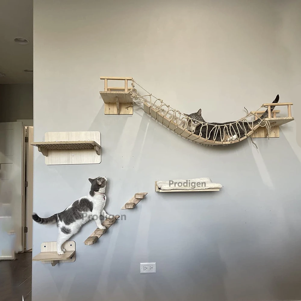 Wooden Cat Wall Mounted Climbing Shelf Set Hammock Perches Ladder Solid Wood Steps Cats Tree Tower Platform Jumping Shelves