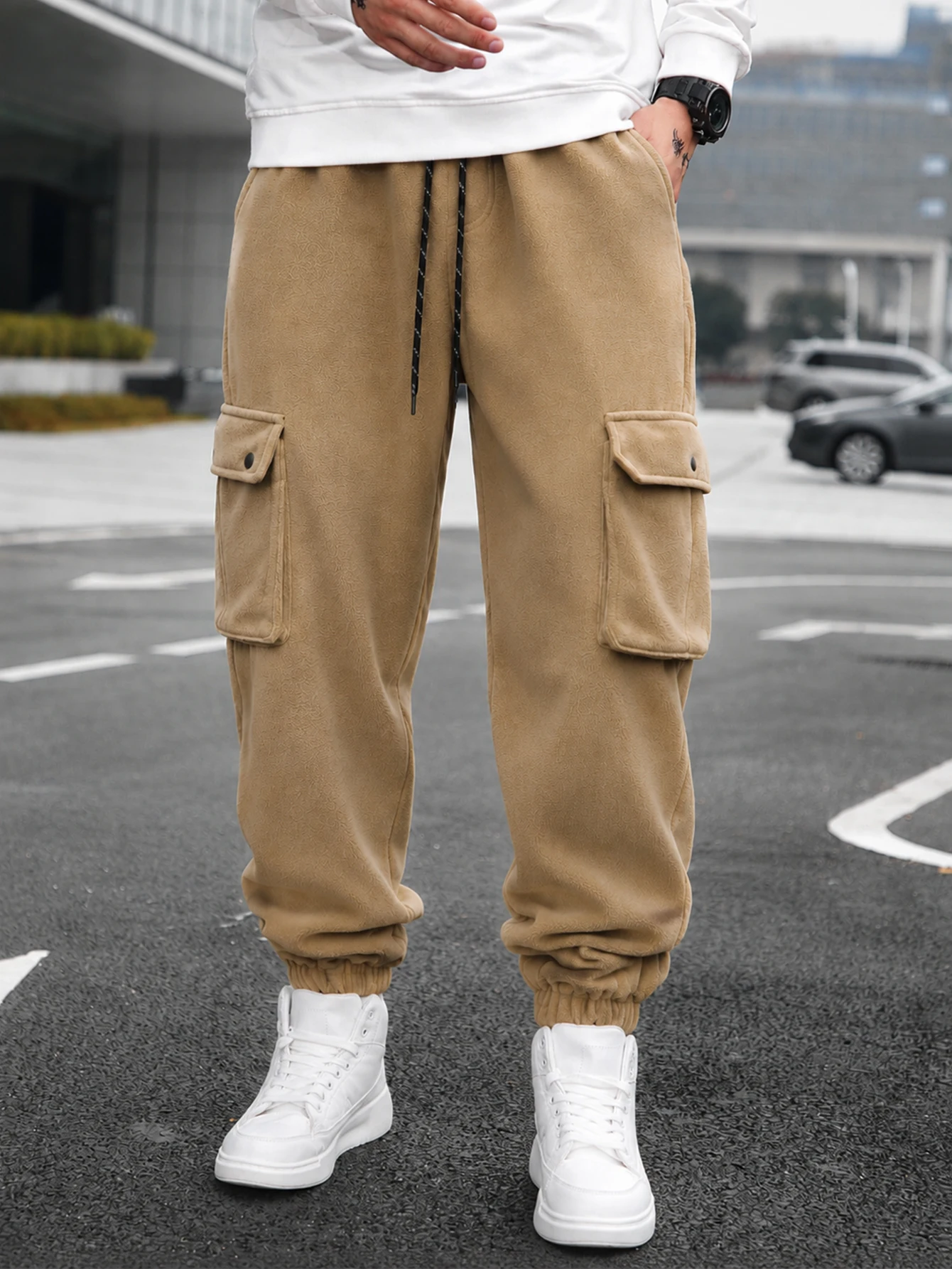 Men's polar fleece loose Casual tapered pants, For Fall Winter，Large pocket design simple casual pants，Outdoor ankle pants,stree