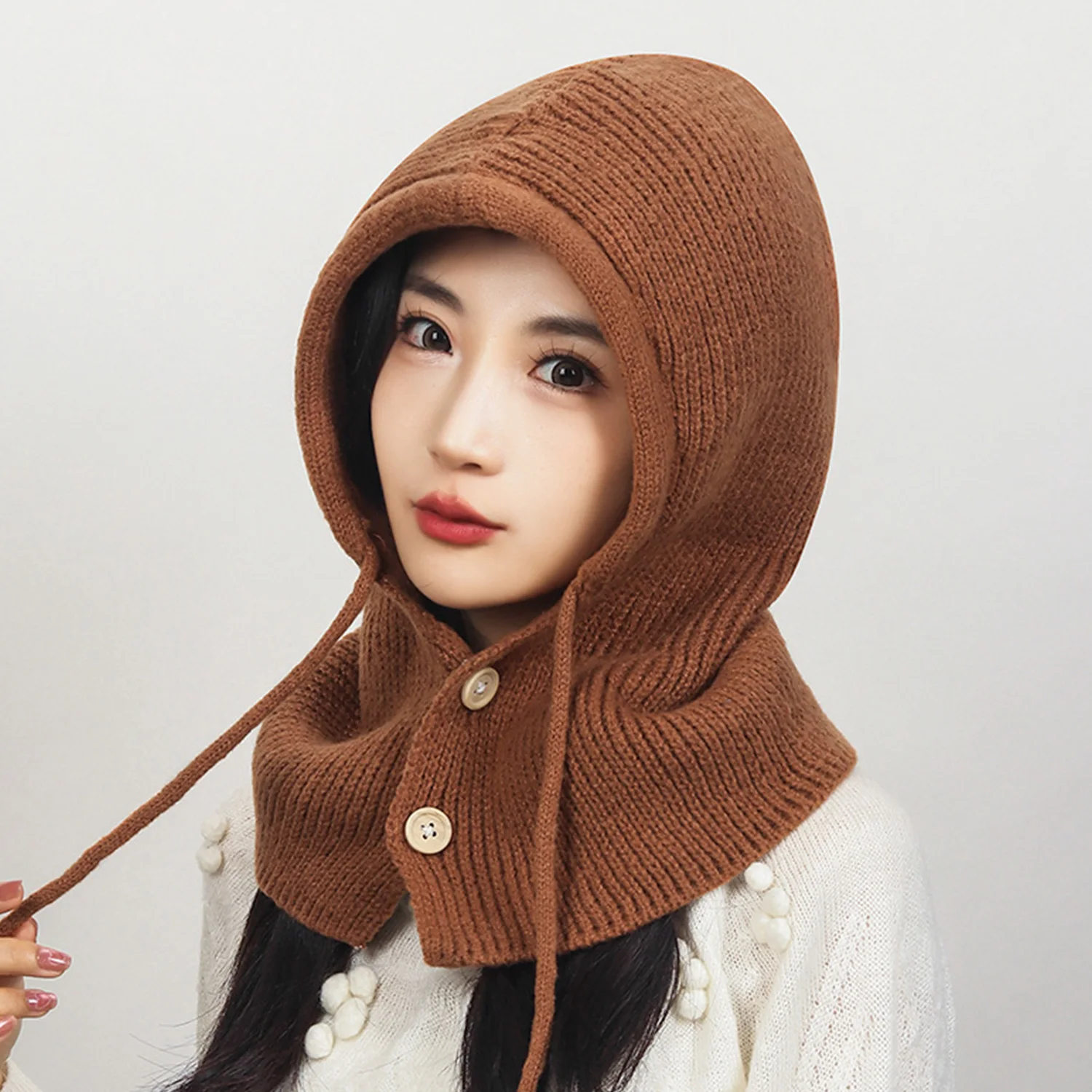 Women Windproof Hooded Scarf Hats Unisex Skullies Knitted Pullover Scarf Caps Drawstring Winter Warm Hat Beanie Neck Collar