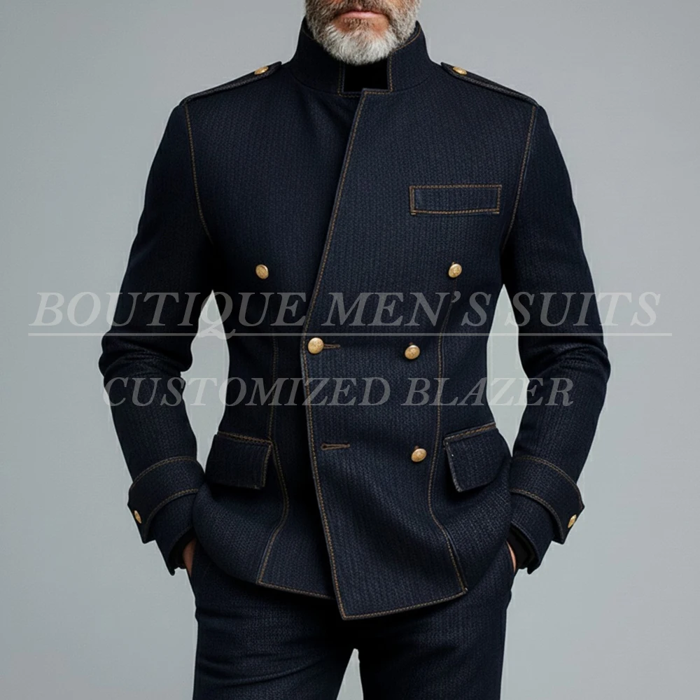 Luxury 2 Piece Jacket Pants High Quality Men's Suits Denim Double Breasted Stand Lapel Slim Fit Male Clothing Outfits Blazer