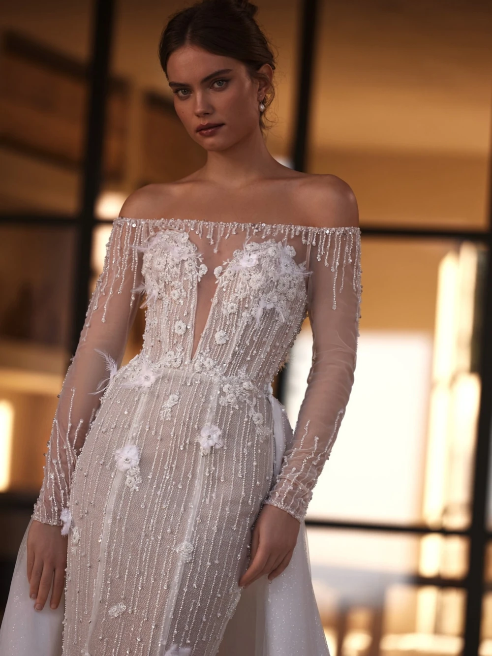 Hand-sewn Beads Sequins Bride Robe Off The Shoulder Wedding Dress Customized Bridal Gown With Detachable Train Robe De Mariée